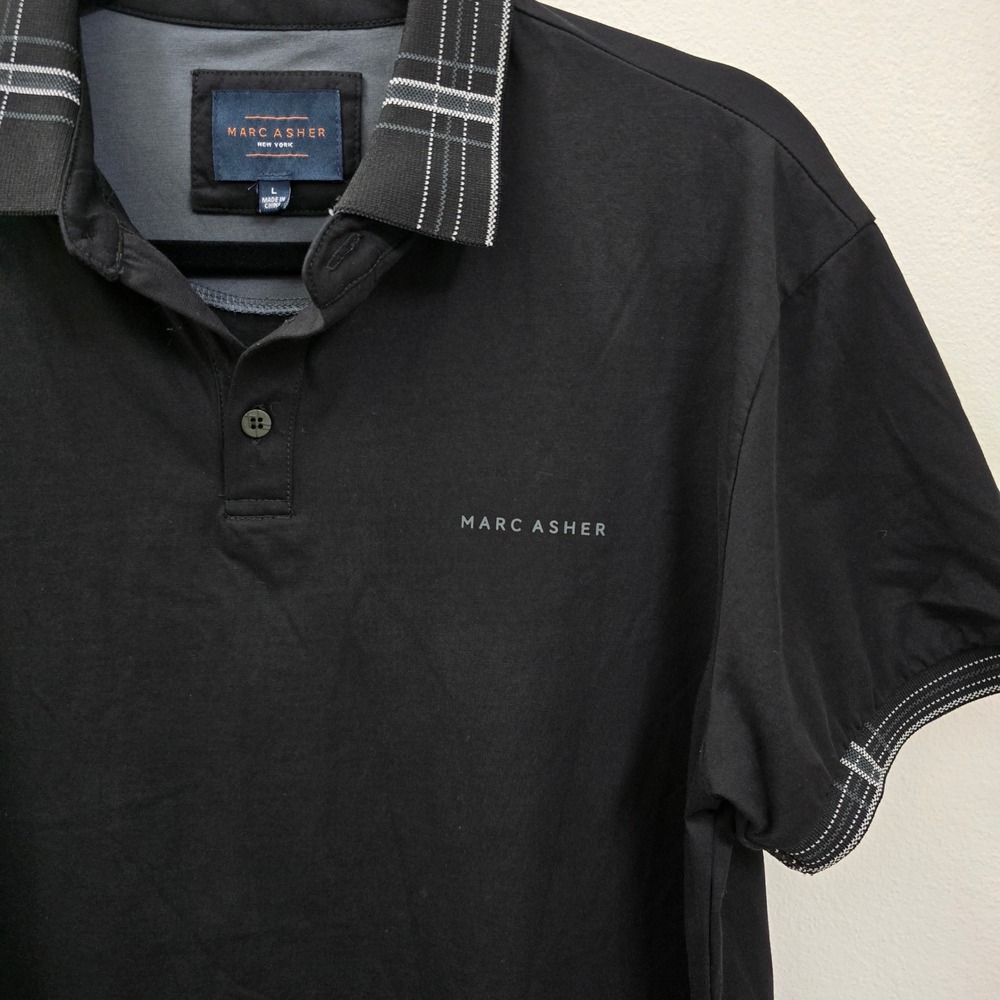 Marc Asher New York Mens Black Plaid Trim Short Sleeve Polo Shirt Large Casual‎ - Picture 3 of 5